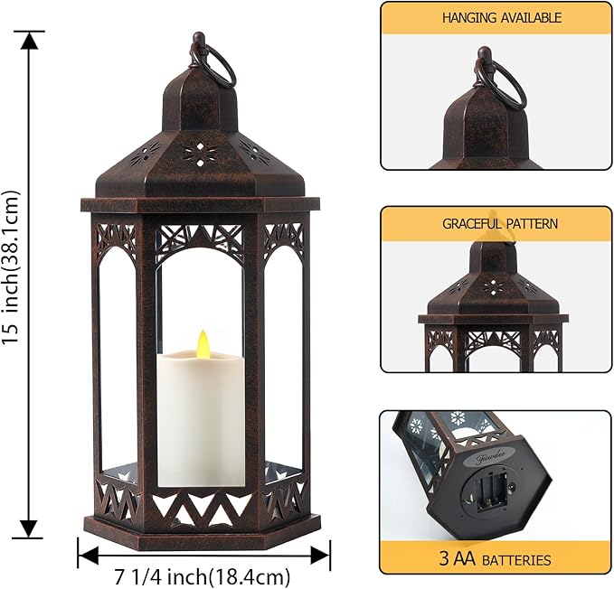 LED Hexagon Lantern with Flameless LED Candle, Unique Shape and Pattern to Give an Upscale Garden Party Vibe. Suitable for Home and Outdoor Usage or Wedding.Battery Powered (Black)
