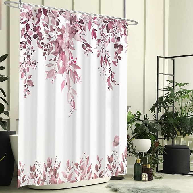 Eucalyptus Shower Curtain, Dark Red Watercolor Leaves with Floral Botanical Bathroom Decor, Waterproof Fabric Bath Curtain Set with Hooks, 72x84 Inches