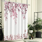 Eucalyptus Shower Curtain, Dark Red Watercolor Leaves with Floral Botanical Bathroom Decor, Waterproof Fabric Bath Curtain Set with Hooks, 72x84 Inches