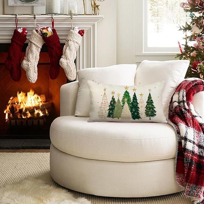 RABUSOFA Christmas Tree Pillow Covers 12x20 Inch,Watercolor Xmas Decor Stars Winter Holiday Lumbar Cushion Case Decoration for Home Sofa Couch(White, 20" x 12" (Pack of 1))