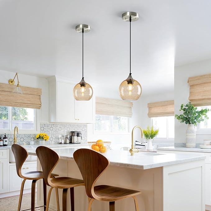 Light Brown Glass Pendant Lights Kitchen Island Globe Pendant Light Fixtures Modern Pendant Lighting for Bedroom Living Dining Room Light Fixture (5.9 in, 3 Pack)