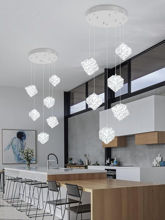 6-Lights Crystal Chandeliers for Staircases Modern Chandeliers for High Ceilings Crystal Pendant Light Fixture for Living Room Kitchen Island Foyer Hallway Bar