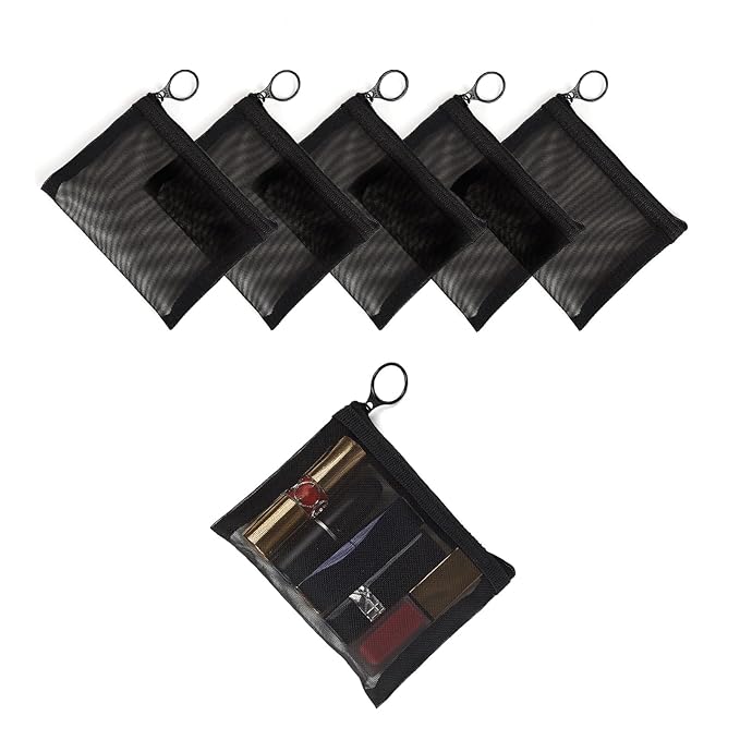Patu Mini Zipper Mesh Bags, 4" x 5", Size S / A7, 5 Pieces, Beauty Makeup Lipstick Cosmetic Accessories Organizer, Small Travel Kit Storage Pouch, Black