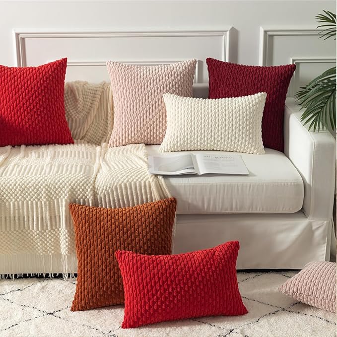Kevin Textile Christmas Corduroy Decorative Throw Pillow Covers 12x20 Inch Pack of 2 Soft Boho Striped Pillow Covers Modern Farmhouse Home Decor for Sofa Living Room Couch Bed Red