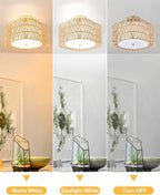 WILON Rattan Flush Mount Ceiling Light, 3-Light Boho Light Fixture with Fabric Shade, Woven Wicker Semi Flush Mount Light Fixture for Hallway Entryway Nursery Bedroom Kitchen Laundry Room