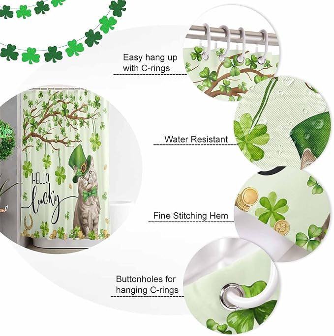 Vandarllin Lucky Cat St. Patrick's Day Shower Curtain, Green Spring Shamrocks Tree Shower Curtains Set with Hooks, Waterproof Fabric Bathroom Curtains Decor Home Accessories,72 X 84 Inch Extra Long