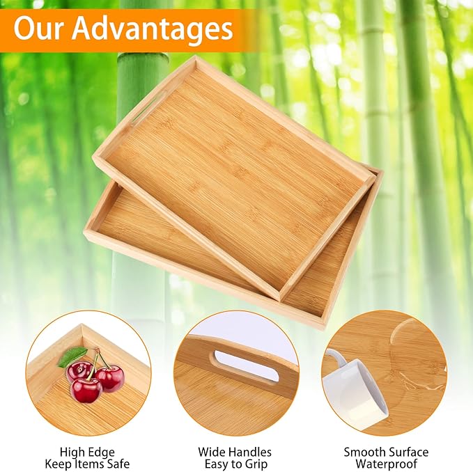 2 Pack Bamboo Serving Tray with Handles, Portable Bed Tray for Breakfast Dinner, Eating Trays for Living Room,Restaurants