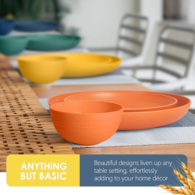 Teivio 48-Piece Kitchen Wheat Straw Dinnerware Set, Service for 12, Dinner Plates, Dessert Plate, Cereal Bowls, Cups, Unbreakable Colorful Plastic Outdoor Camping Dishes, Autumn Multicolor