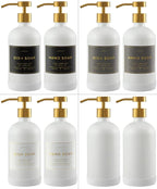 16oz Glass Soap Dispenser with Stainless Steel Pump, 21 Waterproof Labels, Non-Slip Protective Silicone Pad, Set of 2 for Bathroom & Kitchen (Matte White Bottle/Brushed Gold Pump)