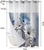 Muuyi Blue Watercolor Floral Shower Curtain,No Hook Shower Curtain,Polyester Shower Curtains with Snap in Fabric,Sheer Top Window for Bathroom Decor,Waterproof & Washable,72W x 81L Inch