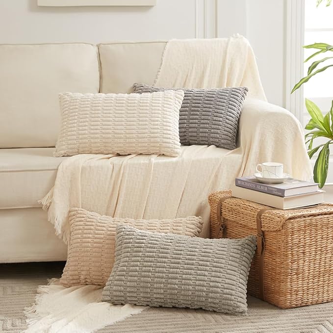 Fancy Homi Tan Lumbar Decorative Throw Pillow Covers 12x24 Inch for Living Room Couch Bed Sofa, Rustic Farmhouse Boho Home Decor, Soft Striped Corduroy Rectangle Cushion Case 30x60 cm