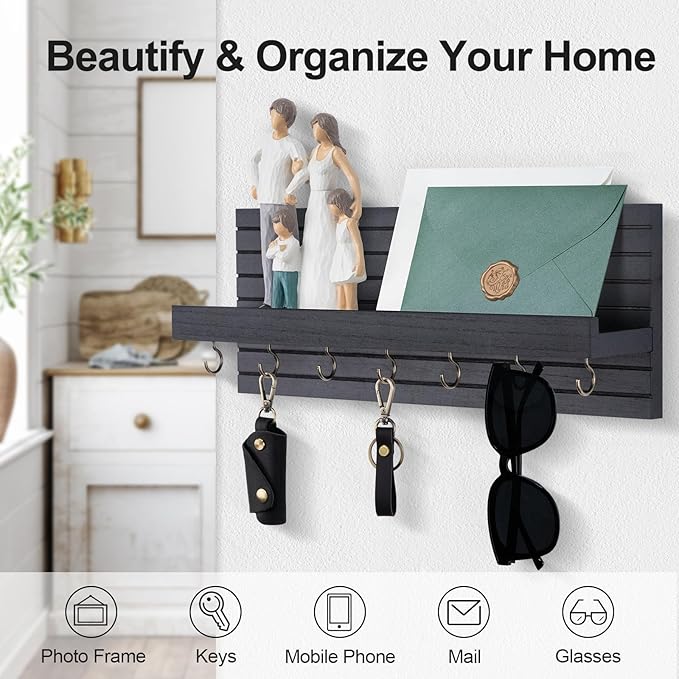 Key Holder Wall Mount, Entryway Mail Organizer with Shelf, Decorative Key Hanger with 7 Hooks Holds Leashes and Glasses, Includes Mounting Hardware (13.8” x 5.3” x 3.2”)