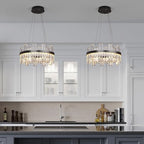 Black Led Modern Crystal Chandelier: 19.7" Round Contemporary 3 Color Dimmable Dining Room Light Fixture over Table - Adjustable Lighting Chandeliers for Bedroom Living Kitchen Island Entryway Foyer