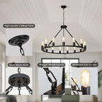 Wagon Wheel Chandelier, 15 Light Black Farmhouse Chandeliers for Dining Room, Dia 40'' Industrial Dining Room Light Fixture for Kitchen Island Living Room Foyer