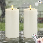 Waterproof Flickering Plastic Flameless with Cycle Timer & Remote Control, Pack of 2 Fake Battery Operated Candle Grease Outdoor Pillar LED Candles (Ivory, 4" x8")