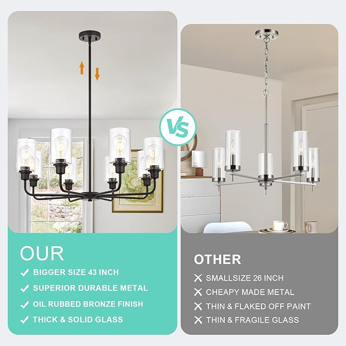 VINLUZ 8-Light Oil-Rubbed Chandelier with Clear Glass Shades, E26 Base Modern Pendant Light Fixture, Adjustable Swivel Heads Ceiling Lighting, Farmhouse Chandelier for Dining Room Kitchen Hallway