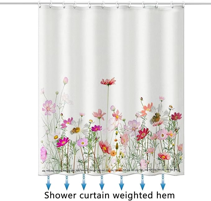 Floral Shower Curtain - 72" W x 78" L, with 12 Hooks, Hem Weighted Bathtub Shower Curtain for Bathroom