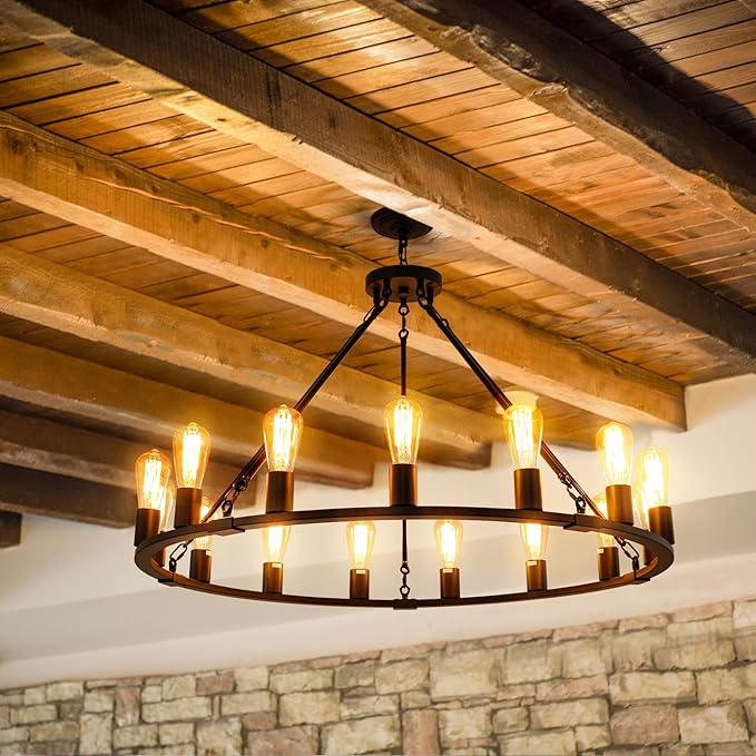 Wagon Wheel Chandelier, 15 Light Black Farmhouse Chandeliers for Dining Room, Dia 40'' Industrial Dining Room Light Fixture for Kitchen Island Living Room Foyer