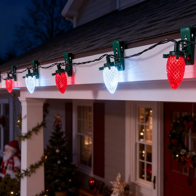 Dazzle Bright C9 Christmas String Lights, 100 LED 66 FT Waterproof Connectable Fairy Lights with 100 Spring Clips Timer, Christmas Decoration for Outdoor Roofline Home Garden Yard Tree (Red & White)
