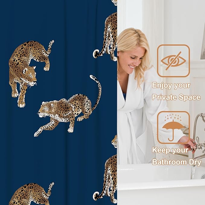Boho Leopard Cheetah Shower Curtain Theme Bathroom Bathtubs Fabric Tropical Forest Wildlife Animal Shower Curtain Set with 12 Hooks 36 x 72 inches Polyester Machine Washable, Brown Black and Blue