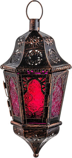 DECORKEY Lantern Decorative Indoor & Outdoor, 13.6’’ Moroccan Style Vintage Decorative Hanging Lantern with Chian for Home Porch Patio Decor, Metal Christmas Halloween Ramadan Candle Holders(Purple)