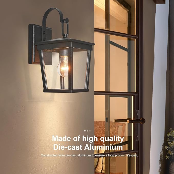 ALVIME Outdoor Wall Light Fixtures, Waterproof Outdoor Sconce Lights, Exterior Wall Lanterns, Porch Outside Lighting for Entryway, Backyard, Patio, Garage, Clear Seeded Glass Black 2 Pack