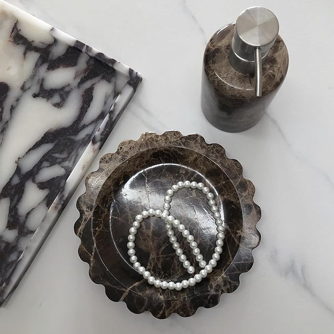 Marble Tray Round Scalloped Tray Small Serving Platter for Counter, Bathroom, Kitchen, Nightstand, Jewelry Ring Dish Holder (Coffee Net)