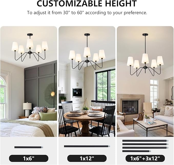 5 Light Modern Chandelier with White Shades, Elegant Pendant Light Fixture with Black Chandelier for Living Room, Dining Room, Bedroom, Hallway, Entryway, Height Adjustable