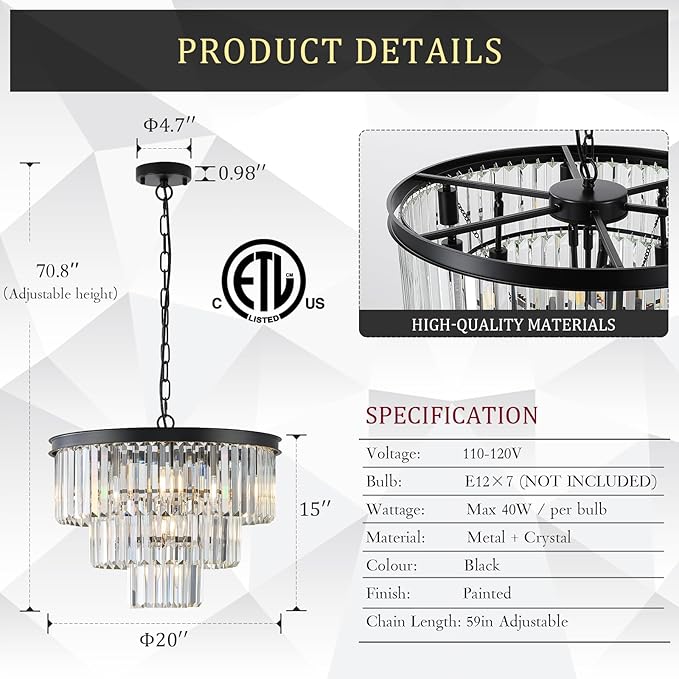 Black Crystal Chandeliers, 20” Modern Chandeliers for Dining Room 3 Tiers 7 Lights Luxury K9 Crystal Ceiling Pendant Round Light Fixture for Foyer Kitchen Bedroom Closet