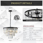 Black Crystal Chandeliers, 20” Modern Chandeliers for Dining Room 3 Tiers 7 Lights Luxury K9 Crystal Ceiling Pendant Round Light Fixture for Foyer Kitchen Bedroom Closet
