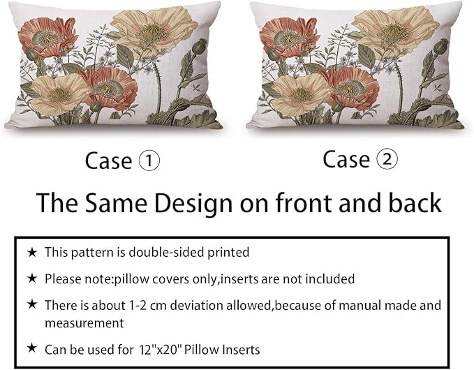 TSSOHU Vintage Flower Throw Pillow Covers 12x20 Brown Rust Colored Floral Botanical Pattern Decorative Pillows Outdoor Linen Farmhouse Cushion Case Country Pillowcase for Sofa Bed Room Decor Set of 2