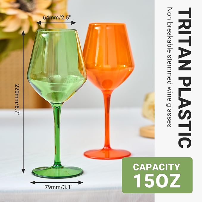 MICHLEY Colored Wine Glasses Set of 6 Long Stem Red White Tritan-Plastic Glassware Gift 15oz for Outdoor Home Party, Green