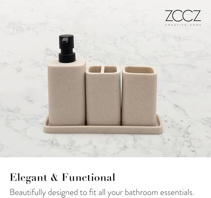 ZCCZ Beige Bathroom Accessory Sets, 4 Pieces Bathroom Accessories Complete Set Vanity Countertop Accessory Set, Includes Lotion Dispenser Soap Pump, Tumbler, Toothbrush Holder and Tray