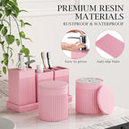 6-Piece Pink Bathroom Set - Sleek Resin Bathroom Accessories Set with Soap Dispenser, Toothbrush Holder, Vanity Tray, Tumbler & Apothecary Jars for Small Spaces