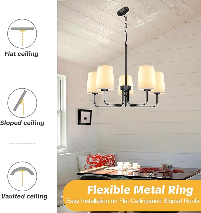 Farmhouse Chandelier, 5-Light Black Chandelier with White Fabric Shade, Height Adjustable Modern Dining Room Light Fixture with E26 Base for Bedroom Foyer Hallway Entryway Kitchen Living Room