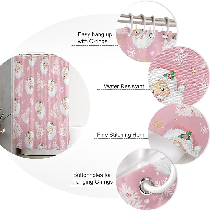 Pink Christmas Shower Curtain, Santa Claus Merry Christmas Tree Shower Curtains Set with Hooks, Winter Snowflake Waterproof Fabric Bathroom Curtains Decor Home Accessories,66 X 72 Inch Long