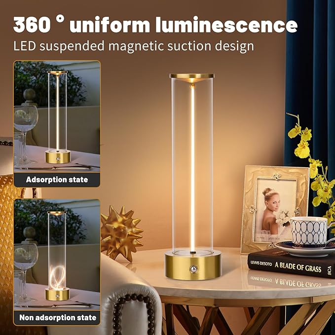 Cordless Portable LED Table Lamp， Rechargeable Battery Operated Desk Lamp with Touch Sensor, Three-Level Dimmable Suitable for Bars/Cafes/Restaurants/Bedrooms/Camping Sites. (Gold)