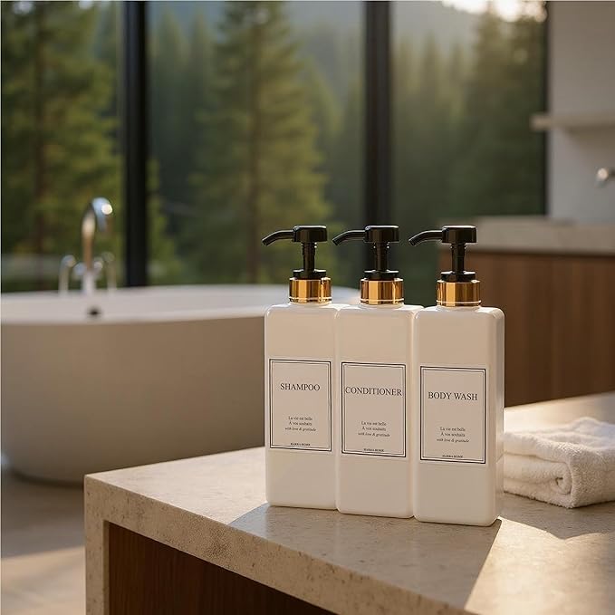 Modern Gold Design Large 27 oz Shampoo and Conditioner Dispensers - Empty Plastic Refillable Pump Bottle Set for Bathroom Shower Soap Dispenser, Gift Box Included, Set of 3 (Black)