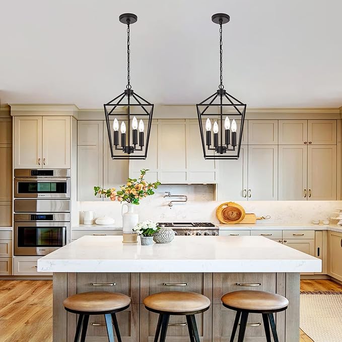 MELUCEE Farmhouse Chandelier in Oil Rubbed Bronze 4 Lights Lantern Pendant Light Vintage Openwork Cage Hanging Light Fixtures Ceiling for Kitchen Island Dining Room Entryway, E12 Base