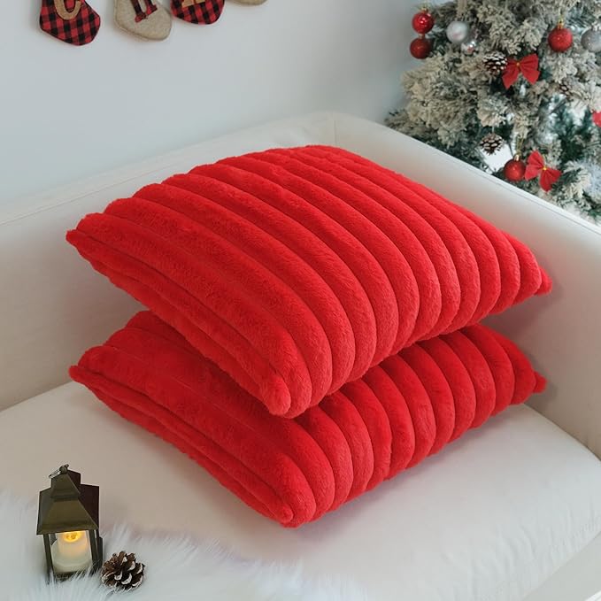 JOJUSIS Pack of 2 Faux Fur Plush Decorative Christmas Red Throw Pillow Covers Couch Cushion Case Soft Pillowcases (Red, 18 x 18-Inch)