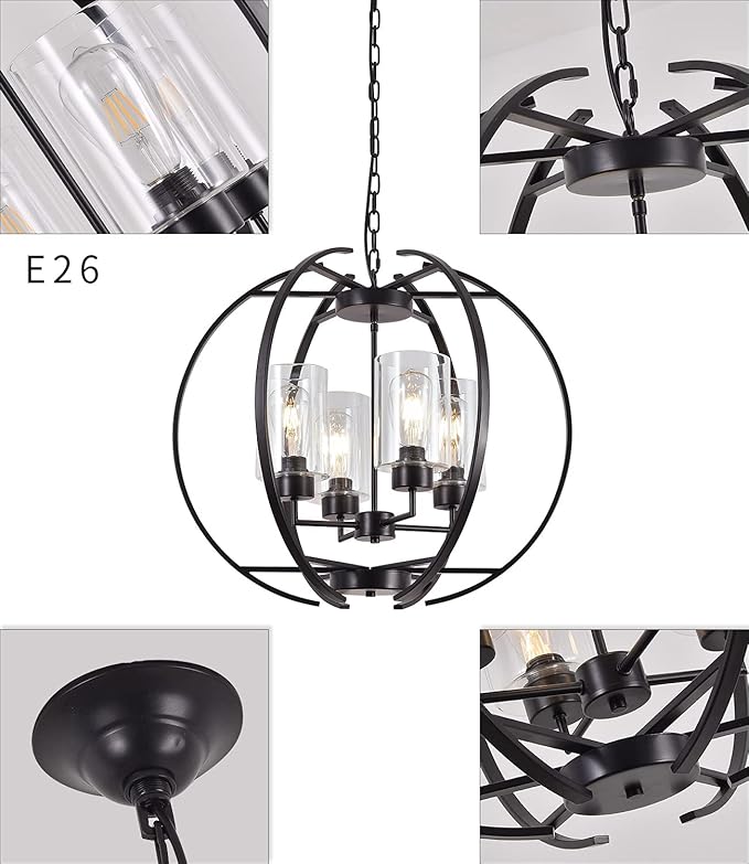 24" Globe Black Chandelier Dining Room Light Fixture Farmhouse Glass Chandeliers Vintage Bedroom Kitchen Island Pendant Lighting Industrial Metal Ceiling Hanging Fixture