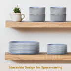 Romswi Dinnerware Set for 4, 16Pcs Stoneware Plates and Bowls Sets with Mugs, Chip & Scratch Resistant Dish Set, Handmade Reactive Glaze Plate Set, Oven, Microwave and Dishwasher Safe, Gray Blue