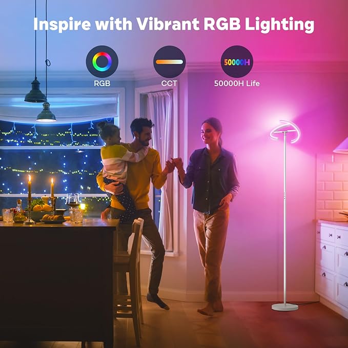 White RGBCW Floor Lamp, Bright Color Changing RGB Standing Lamp, Modern Stepless Dimmable LED Tall Lamp with Remote Control, 20W 3000-6000K Floor Lamps for Living Room, Bedroom, Office