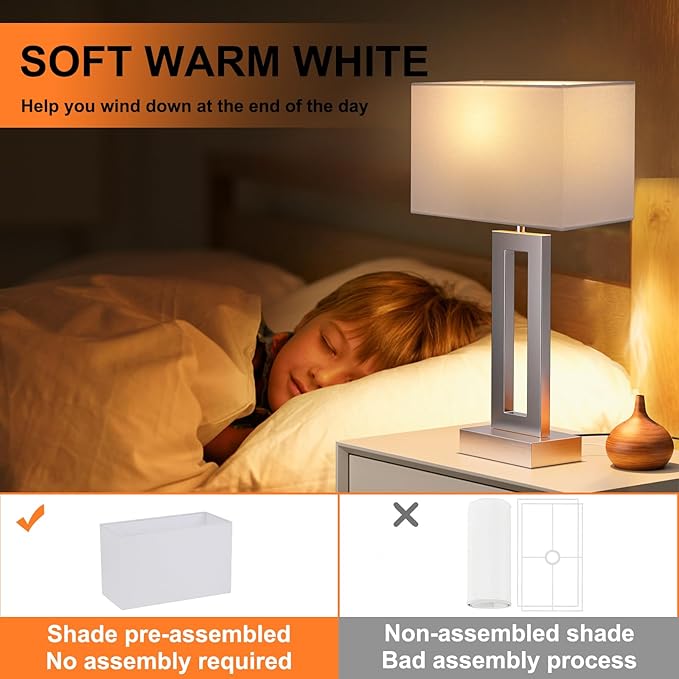 Nightstand Table Lamps for Bedrooms Set of 2 - Touch Bedside Lamp with USB C+A, 3 Way Dimmable Living Room Lamps for End Tables Set of 2, Modern Night Stand Lamps for Bed Side(White&Silver)