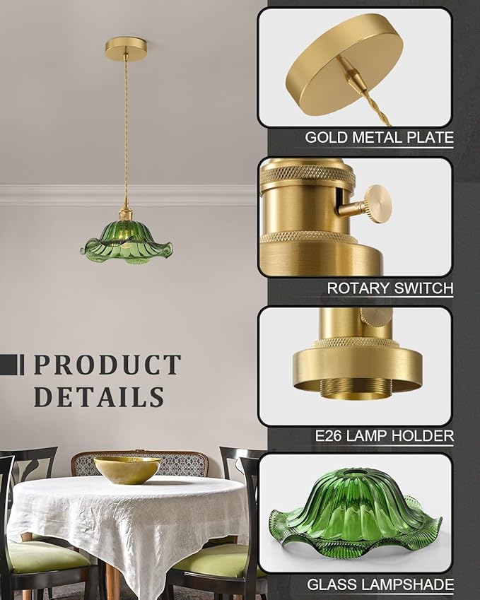 Vintage Glass Pendant Light，Green Flower Ceiling Pendant Light，Gold Adjustable Hanging Wire for Kitchen Island Dining Room Bedroom Hallway (10Inch - Green(A))