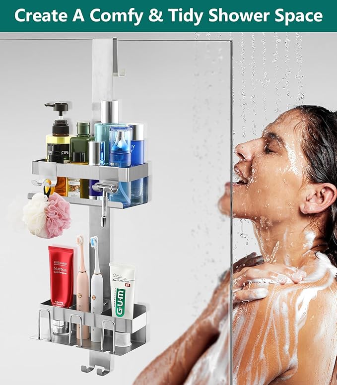 Emibele Over The Door Shower Caddy 2 Tier, 304 Stainless Steel Hanging Shower Caddy Rustproof Shower Shelves, No Drilling Hanging Shower Organizer for Bathroom Glass Door, Silver