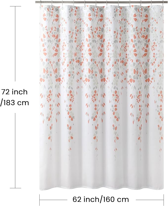 Fabric Shower Curtain, Orange and Gray Floral Flower Shower Curtains for Bathroom, Waterproof Bathroom Curtains, 62" W x 72" H