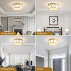 Modern Fabric Drum Ceiling Light, Flushmount Close to Ceiling Light Fixture for Living Room, Bedroom, Dining Room, Kitchen. D12 x 5in, Gold Finished Metal Frame, White Fabric Lampshade