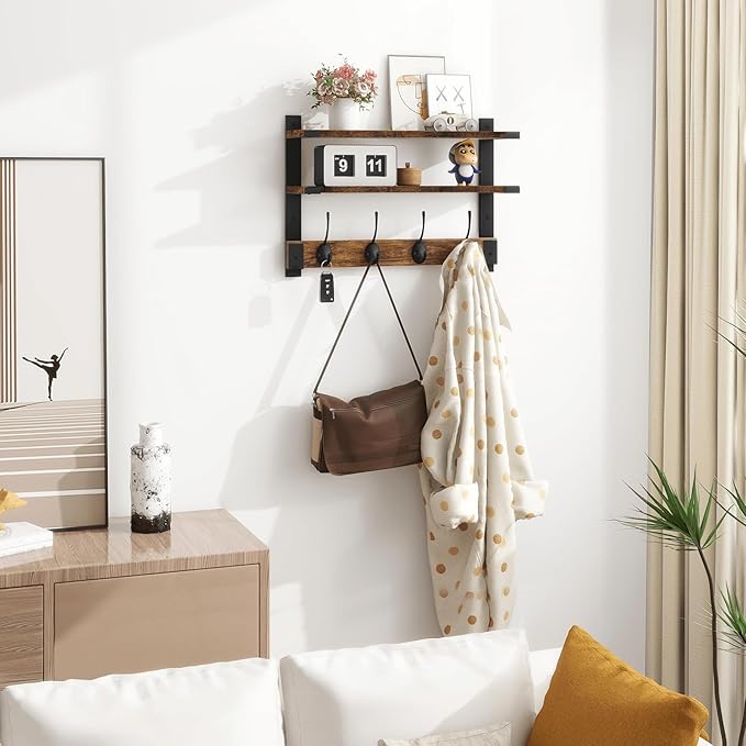 Homode Two-Tier Wall Shelf with Hooks, 17 Inch Coat Rack Wall Mount with Shelf, Wood Coat Hanger Entryway Hanging Storage Shelves with 4 Double Hooks for Bathroom Bedroom Living Room, Rustic Brown