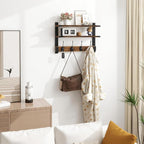 Homode Two-Tier Wall Shelf with Hooks, 17 Inch Coat Rack Wall Mount with Shelf, Wood Coat Hanger Entryway Hanging Storage Shelves with 4 Double Hooks for Bathroom Bedroom Living Room, Rustic Brown